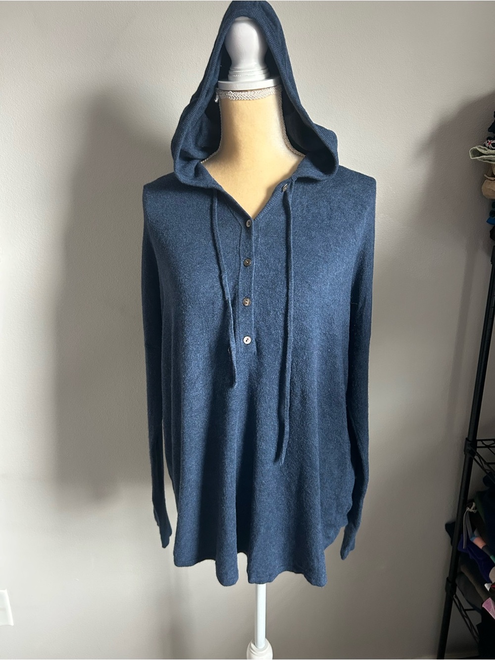 NEW Eileen Fisher Indigo Button Front Hooded Knit Blouse Sz M